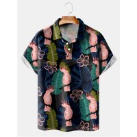 Pink Parrot Tropical Leaf Short Sleeve Polo Shirt