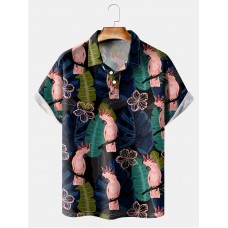 Pink Parrot Tropical Leaf Short Sleeve Polo Shirt