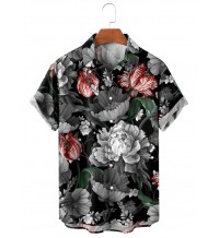 Retro Peony Flower Hawaiian Resort Style Casual Short Sleeve Shirt