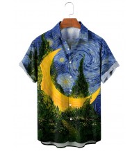 Starry Moon Oil Painting Print Lapel Shirt 57279186X