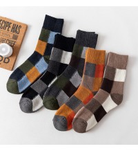 5 Pairs Unisex Rabbit Wool Blended Color  match Lattice Pattern Terry Thicken Warmth Breathable Medium Tube Socks