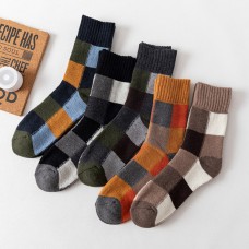 5 Pairs Unisex Rabbit Wool Blended Color  match Lattice Pattern Terry Thicken Warmth Breathable Medium Tube Socks